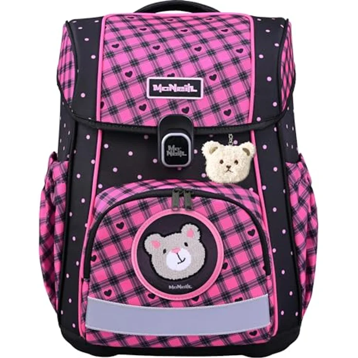 McNeill Schulranzen-Set BRAVO 9tlg. BUDDY, ergonomisch, schwarz-rosa Teddy-Herzen, inkl. gefülltem Etui, Sportbeutel und Trinkflasche – Bild 1