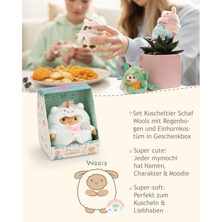NICI Kuscheltier Schaf Wools 8cm mit Einhornkostüm und Regenbogen, mymochi Plüschtier in Geschenkbox, weiß – Kawaii Stofftier zum Kuscheln und Spielen – 62582 – Bild 3