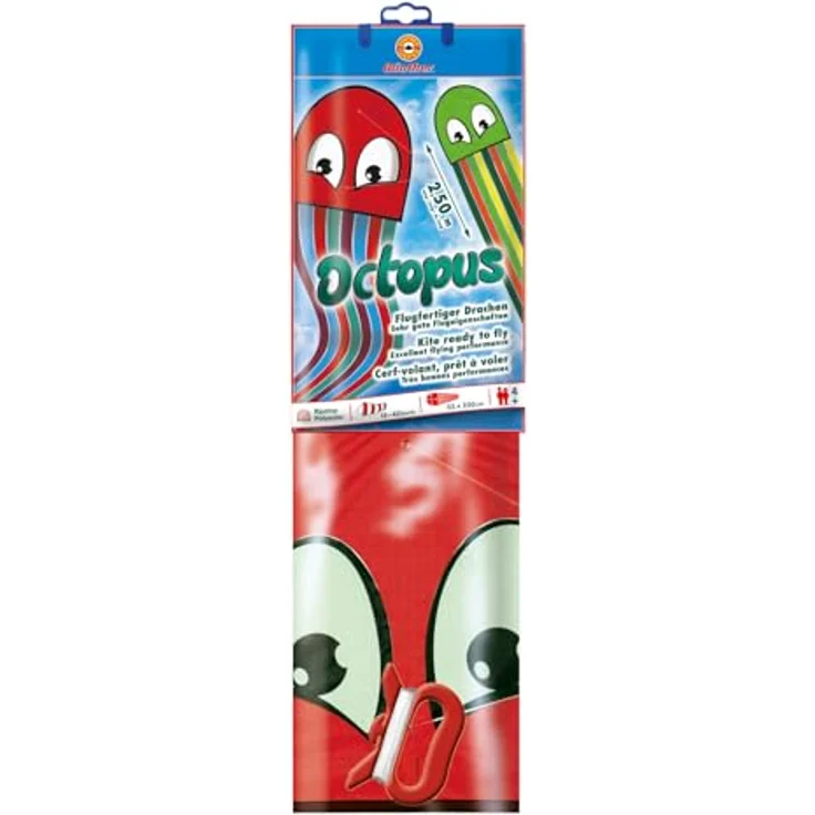 Günther Flugspiele 1163 Einleiner-Drachen Octopus, 250 x 33 cm, robustes Polyester, inkl. Griff & Schnur, für Kinder ab 4 Jahren, in 2 Farben sortiert – Bild 4