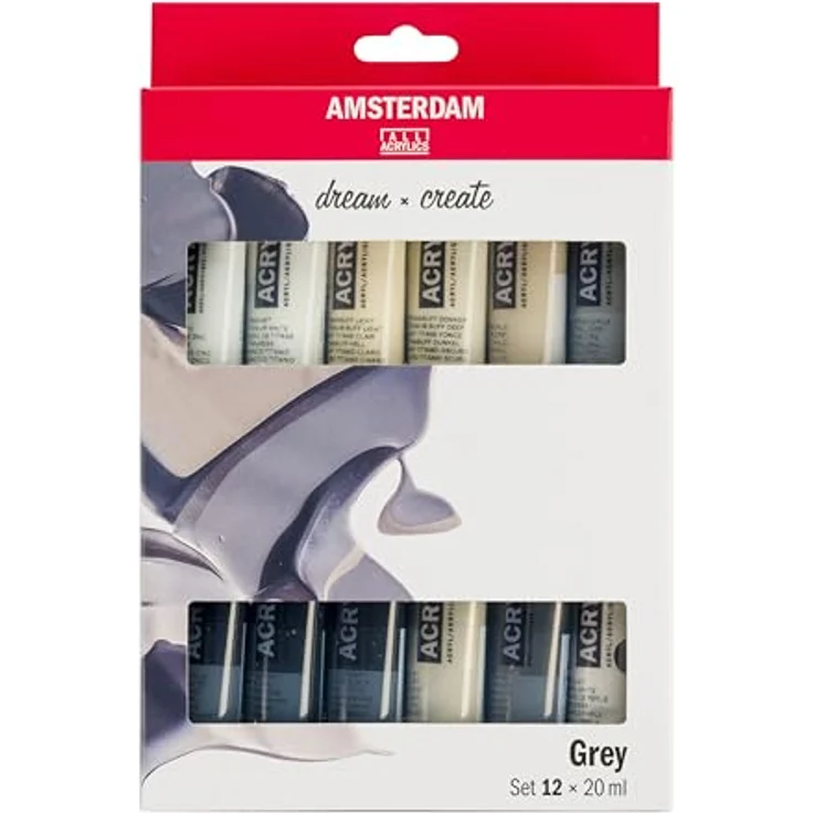 Amsterdam Standard Series Acrylfarbe Grauton-Set, 12 x 20 ml, monochromes Set mit Weiß-, Grau- und Schwarztönen, seidenmattes Finish – Bild 1