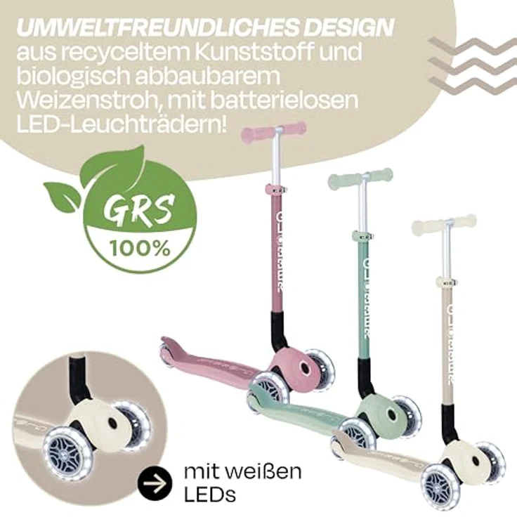 Globber PRIMO FOLDABLE LIGHTS ECO, Dreiradscooter mit Leuchtrollen, kokusweiß, höhenverstellbar und klappbar – Bild 5