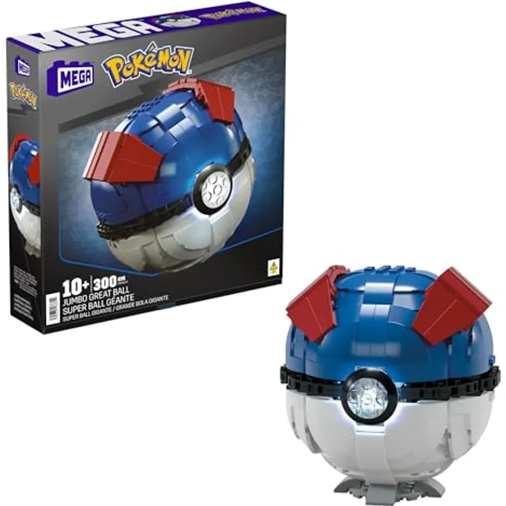 MEGA POKÉMON - Zusammenbaubarer Superball mit Lichtern und Aufstellvorrichtung, 299-teiliges Bauset mit authentischen Details, 12,7 cm groß, für Sammler, HMW04