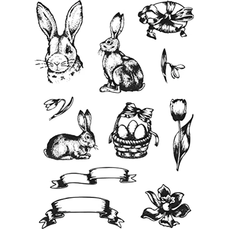 VBS Silikonstempel Nostalgische Ostern, 11 Stück mit verschiedenen Motiven in unterschiedlichen Größen, ideal fürs Basteln und Scrapbooking
