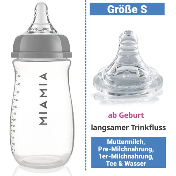 MiaMia 2x Babyflasche 260ml mit Anti Kolik Sauger Größe S - 2 große PP Flaschen mit Silikonsaugern - Transparent Grau – Bild 3