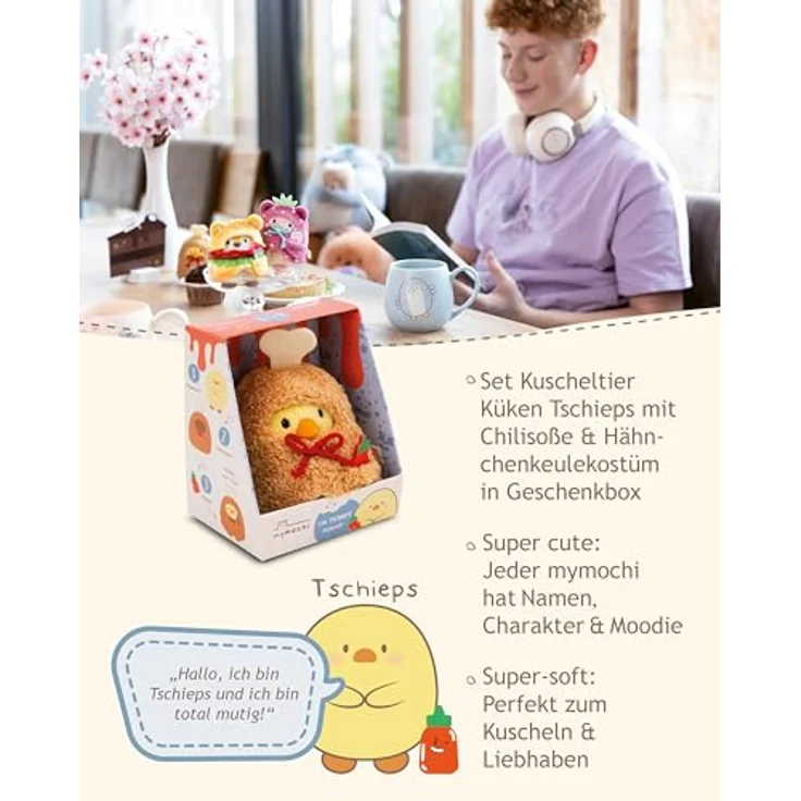 Nici Kuscheltier mymochi, Set Küken Tschieps 8 cm mit Chilisoße und Hähnchenkeulekostüm, zitronengelb – Bild 4