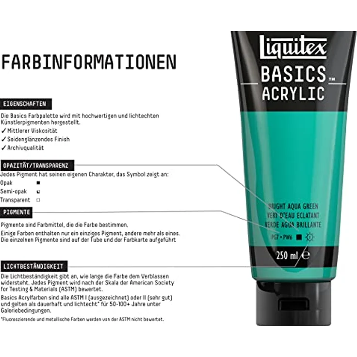 Liquitex Basics Acrylfarbe, monopigmentiertes Künstlerpigment, lichtecht, mittlere Viskosität, seidenglänzender Finish, 250ml Tube - Aquagrün Leuchtend – Bild 3