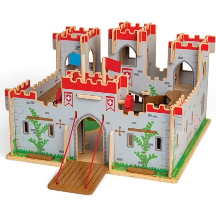 Bigjigs König George's Schloss, Holzspielzeug mit funktionierender Zugbrücke und Geheimtür für kreative Rollenspiele