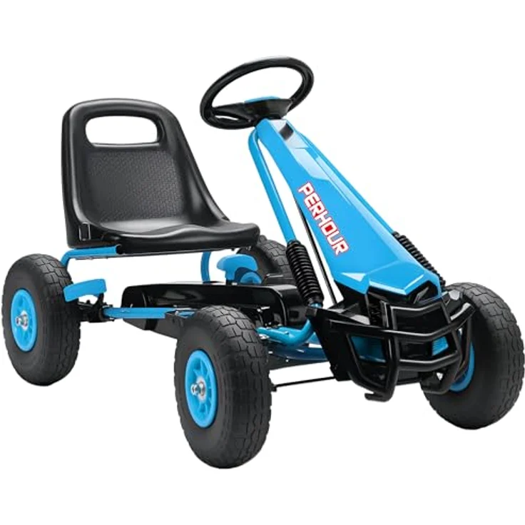 AIYAPLAY Go-Kart Tretauto mit verstellbarem Sitz, Handbremse und Vor- und Rückwärtsgang, für Kinder 3-8 Jahre, Blau – Bild 1