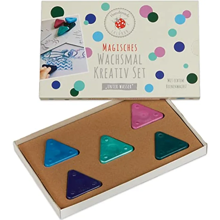 Lulubug Magisches Wachsmalset| 4 Wachsmal Dreiecke, 1 Wachsmal Dreieck Metallic, 5 Schablonen|  Unter Wasser Motiv, Made in Germany