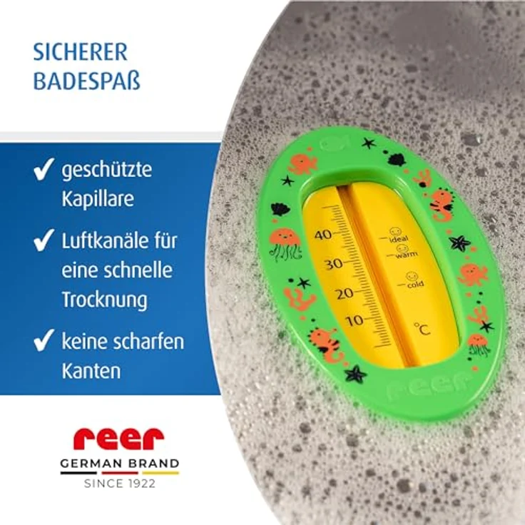 Reer Baby-Badethermometer oval, kindersicheres Bade-Thermometer mit übersichtlicher Skala, quecksilberfrei, hoher Messbereich bis 50 °C, grün – Bild 5