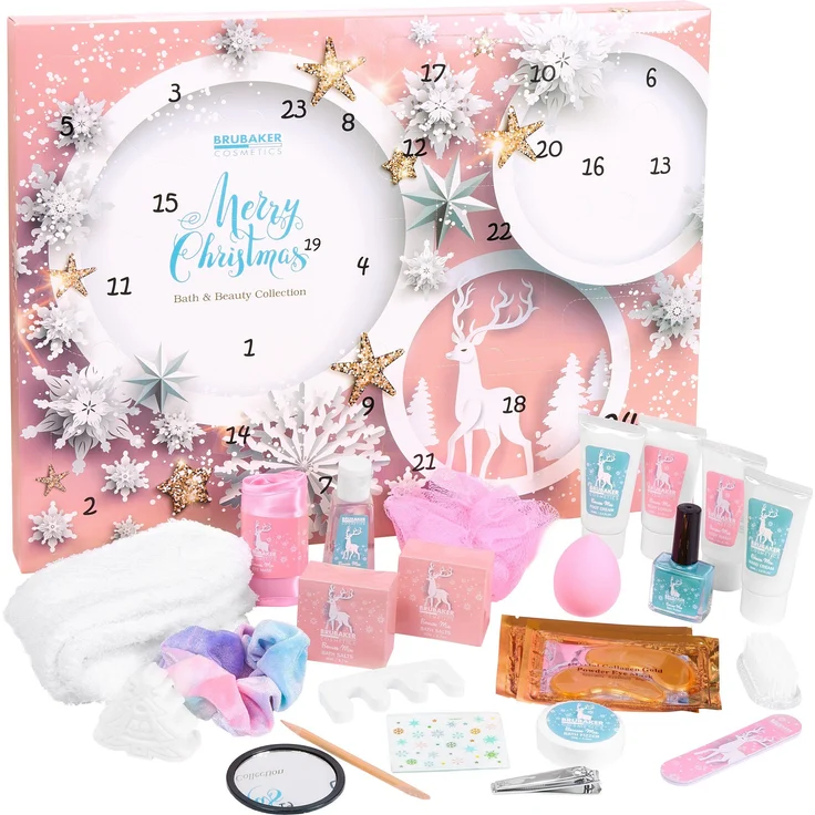 BRUBAKER Adventskalender XXL Beauty Weihnachtskalender 2024 - Sterne und Schneeflocken - Rosa (Pflege Produkte & Spa Accessoires, 24-tlg), Wellness Kalender Weihnachten für Frauen und Mädchen – Bild 1