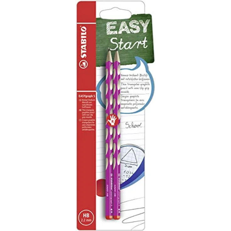 STABILO EASYgraph S, Schmaler Dreikant-Bleistift für Rechtshänder, ergonomisch mit rutschfesten Griffmulden, pink, 2er Pack, Härtegrad HB