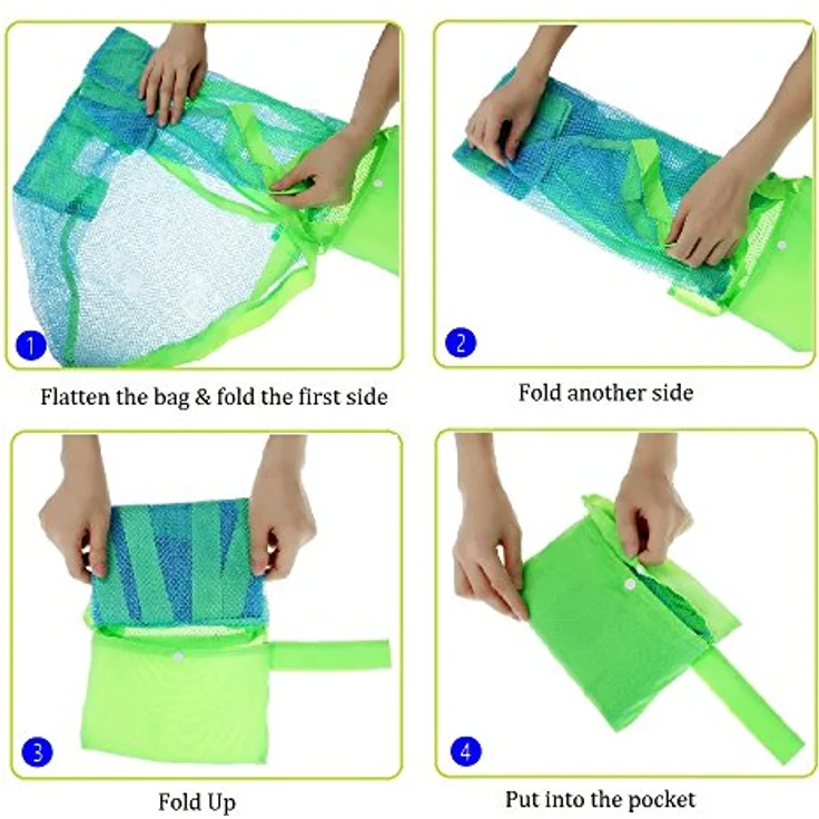 COOLGOEU Strandtasche Strandspielzeug Tasche XXL Groß für Sandspielzeug Wasserspielzeug für Kinder Aufräumsack Spielsack Badetasche Beachbag Faltbar für Familie Urlaub (Blau Mesh/Grün Strap) – Bild 7