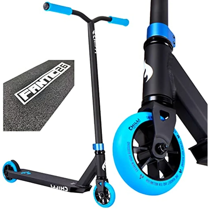 Chilli Pro Scooter Stunt-Scooter H=82cm Trick Tret Roller Schwarz Blau + Fantic26 Sticker + Griptape, ab 7-11 Jahren, 3,5 kg, inklusive Team Armband – Bild 1