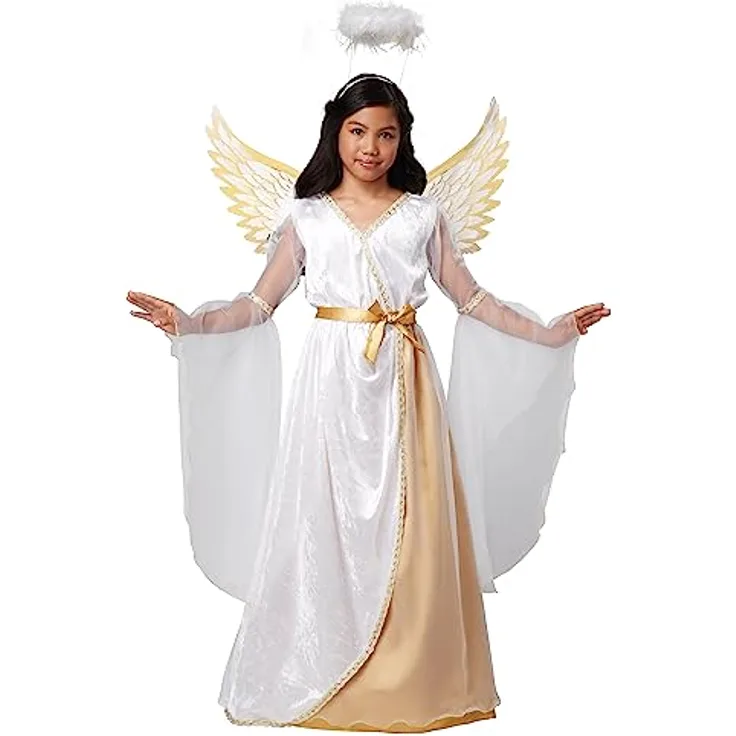CALIFORNIA COSTUMES Himmlisches Engelskostüm für Mädchen, Kinderkostüm weiß-gold mit Kleid, Flügel und Haarreif, Größe 134 (6-8 Jahre)