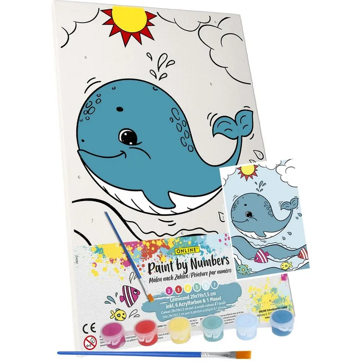 Online Pen Malen nach Zahlen Leinwand-Malen für Kinder (mit Farbtöpfchen & Pinsel), Motiv Wal, 19x29 cm