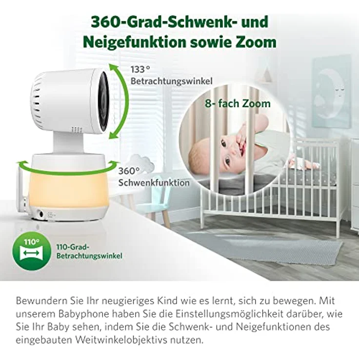 LeapFrog LF925HD Babyphone mit Kamera, 5-Zoll-HD-Farbdisplay Intelligente Babyfone, Babyphone mit neig/schwenkbare Kamera und APP, Video Baby Monitor mit WLAN, Temperatur/Feuchtigkeitssensor – Bild 3