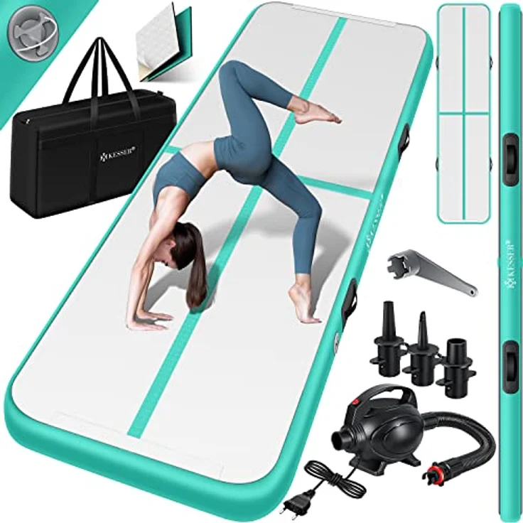 KESSER® Turnmatte Aufblasbar Airtrack Fitness-Matte Gymnastikmatte 3/4/5/6m | inkl. Tragetasche & elektr. Luftpumpe | Yogamatte, Tumbling Matten , Trainingsmatte Sportmatte Yoga, Turn- & Fitness 400 x 100 x 10 cm, Mint Grün – Bild 2