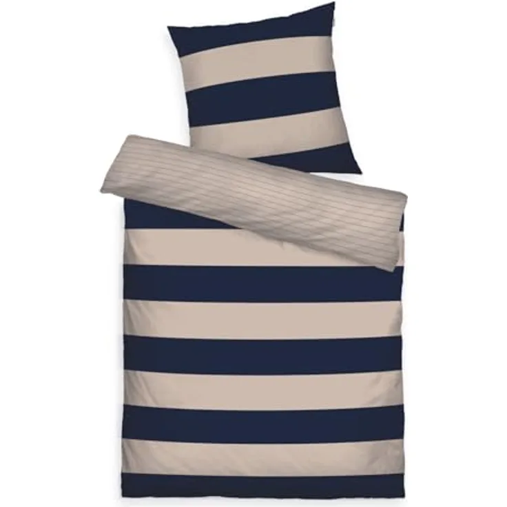TOM TAILOR Bettwäsche Bold Stripes Dark Navy & Sunny Sand, 80x80 cm + 135x200 cm, 100% Baumwolle/Renforce, mit Wendemotiv und farbigem Markenreißverschluss - Preisvergleich