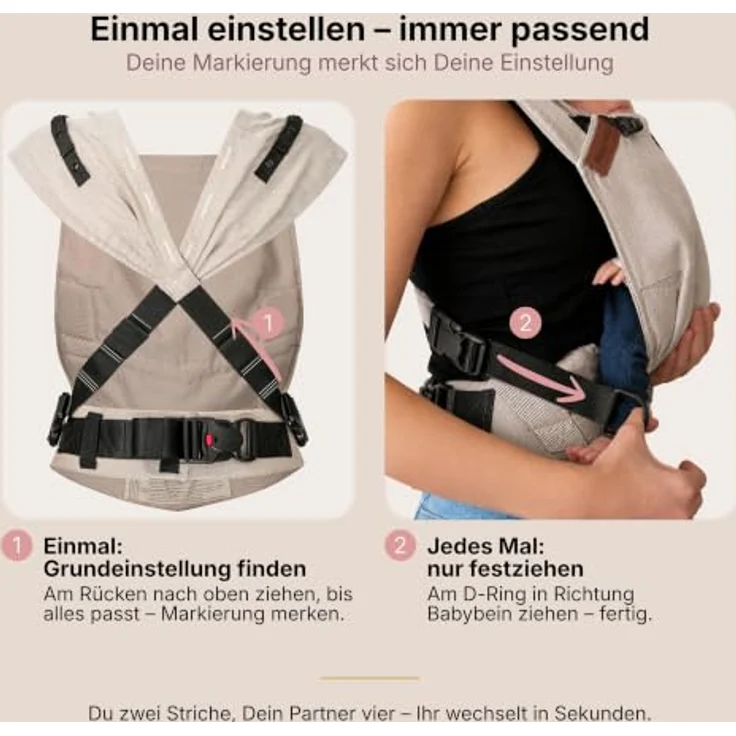 Hoppediz Babytrage Primeo, Vollschnallentrage ab Geburt (2,5 kg), Bauch- und Rückentrage aus 100 % Bio-Baumwolle, querelastischer Tragetuchstoff – Bild 4