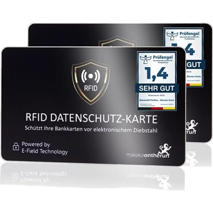 MakakaOnTheRun 2X RFID Blocker Karte (3fach geprüft: DEKRA + EMV + HF Labor) - 360° Schutzkarte für Geldbörse - NFC Blocker Karte - Schutzkarte gegen Datenklau - RFID Blocker Card