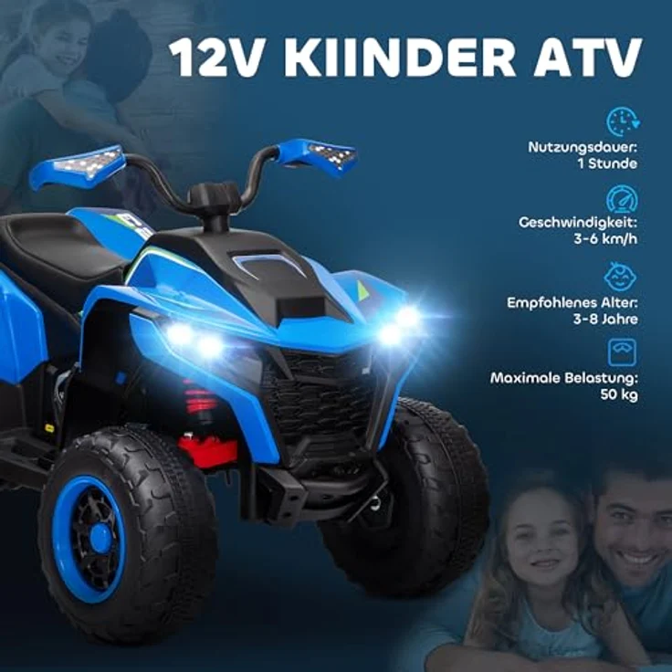 AIYAPLAY Elektro Quad für Kinder 12V Elektro Kinderquad mit 2 Motor, 3-6km/h Kinder Quad mit Federung, LED-Leuchte, Kinderauto mit USB, Musik für 3-8 Jahre, Blau – Bild 3
