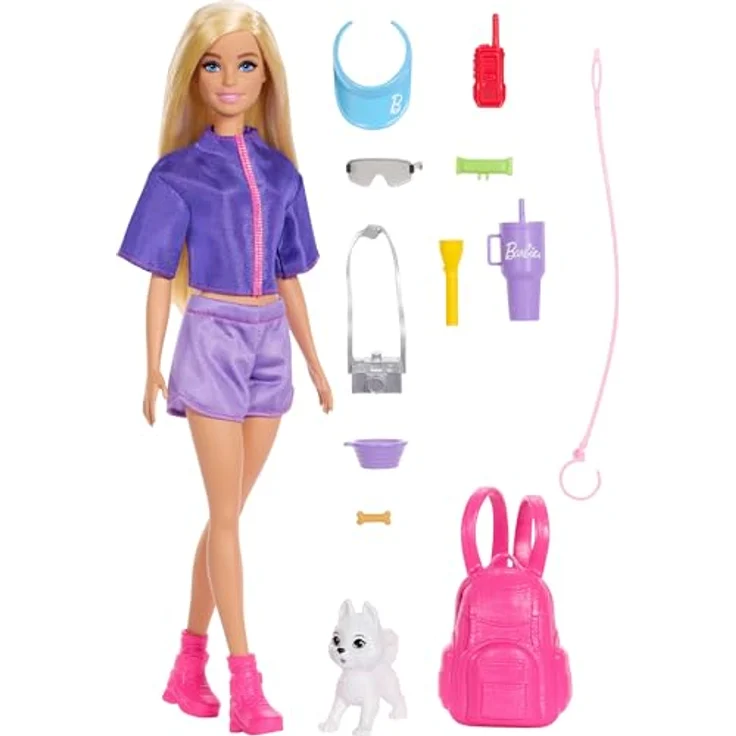 Barbie Anziehpuppe Malibu Outdoor Adventure, mit Hündchen und 10+ Zubehörteilen, violett – Bild 1