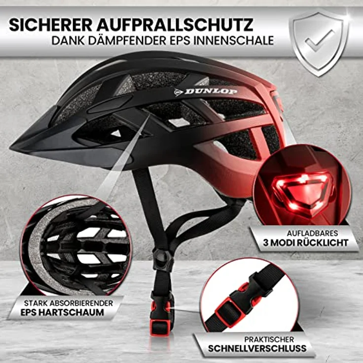 Dunlop Sports Fahrradhelm mit Licht-Sofort gesehen Werden-Ultraleichter Spezial Damen Herren Kinder Fahrrad Helm mit Visier und Rücklicht für hohe Sicherheit-Urban Helm (Schwarz/Rot, M (55-59 cm)) – Bild 3