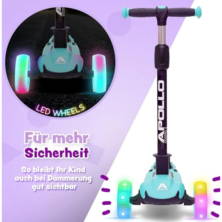Apollo Kinderscooter KidsPro4 LED Roller - Mint, höhenverstellbar, mit leuchtenden LED-Rollen – Bild 4