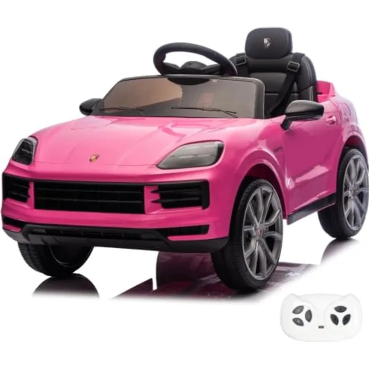 Vrooomy Porsche Cayenne Kinder Elektroauto 12V mit Fernbedienung, Rosa, für 1 bis 5 Jahre mit MP3-Player, LED-Scheinwerfern und Sicherheitsgurt