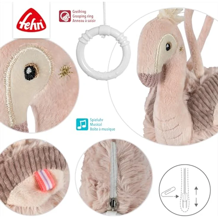 Fehn Mini-Spieluhr Flamingo, Kuscheltier & Einschlafhilfe mit sanfter Melodie, ca. 24 cm, maschinenwaschbar bei 30°C, für Babys ab 0+ Monaten – Bild 4