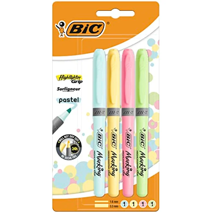 BIC Pastell Textmarker, Highlighter in 4 verschiedenen Pastellfarben, Strichstärke: 1.6mm - 3.3mm, mit Austrocknungsschutz, bunt – Bild 1