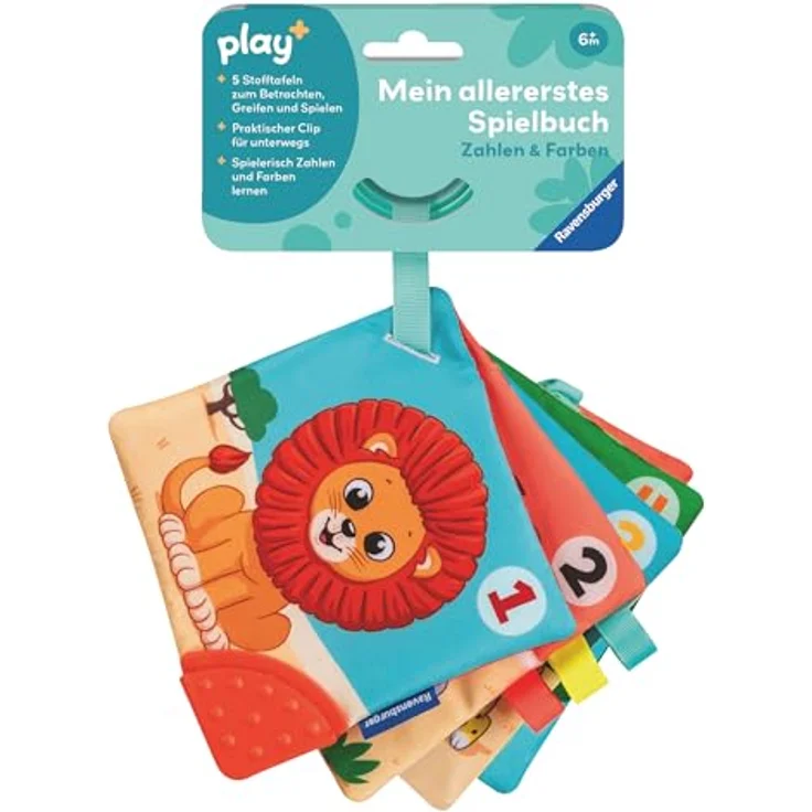 Ravensburger Greifspielzeug Play+ Mein allererstes Spielbuch: Farbenfrohes Stoffbuch zur Förderung von Zahlen und Farben für Babys ab 6 Monaten – Bild 1