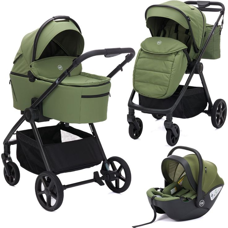 Fillikid 3-1 Kombi-Kinderwagen-Set Lion, mit Sportsitz, Babywanne, Babyschale, Adapter, Fußdecke und Wickeltasche - Forest Green, inkl. Gratis Mobilitätsgarantie