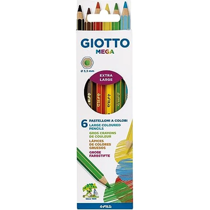 Giotto Mega F225800 Hexagonale Farbstifte in 6 Farben, mit 5,5 mm dicker Mine, Etui mit 6 Stück
