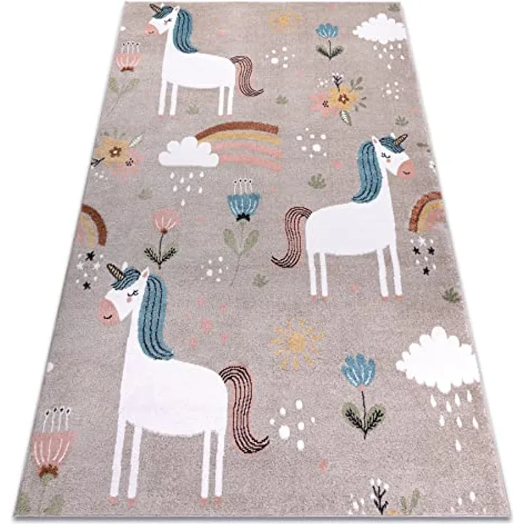 rugsx FUN Sweety Kinderteppich „Einhorn, Regenbogen” beige, 140x190 cm, 100% Polypropylen, pflegeleicht, für Fußbodenheizung geeignet