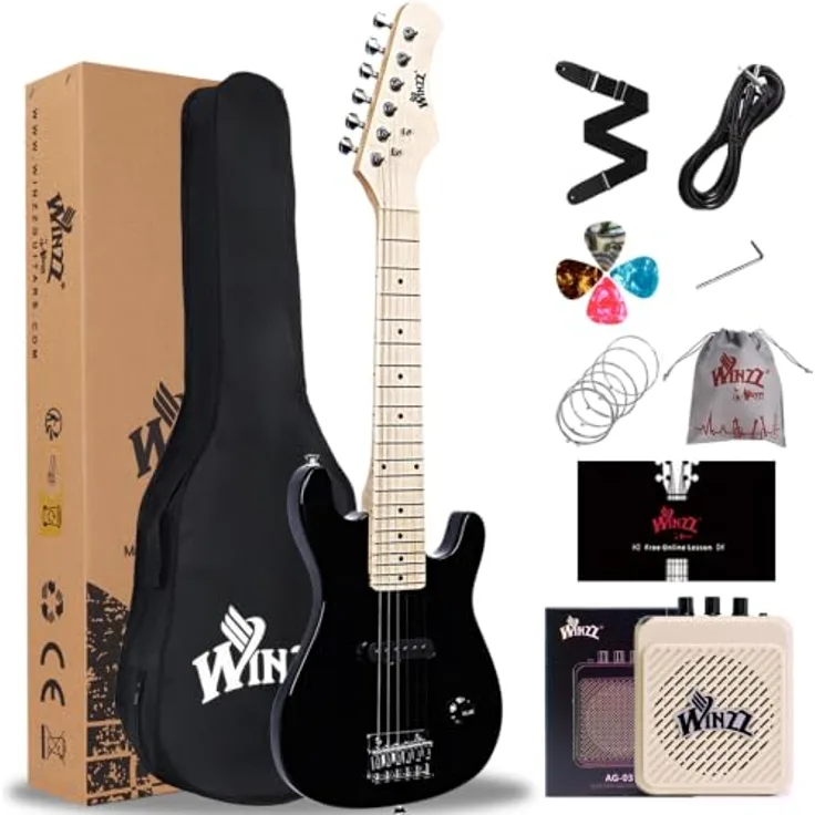Winzz 30 Zoll Mini E-Gitarre, elektrische Gitarre für Kinder mit Ahorn Griffbrett und Verstärker (Schwarz)