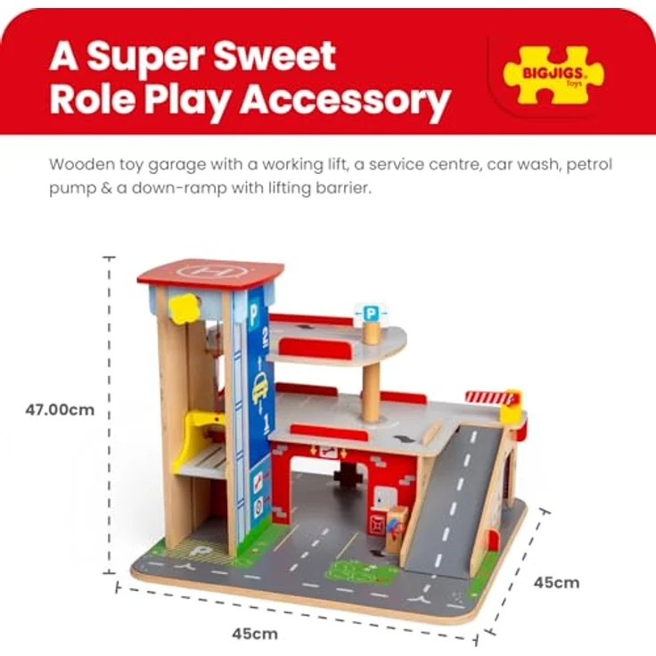 Bigjigs Spielzeug Holz Park & Play Garage Spielset, belebte Autowerkstatt mit Autolift, Servicecenter und Hubschrauberlandeplatz, 3 Ebenen – Bild 4