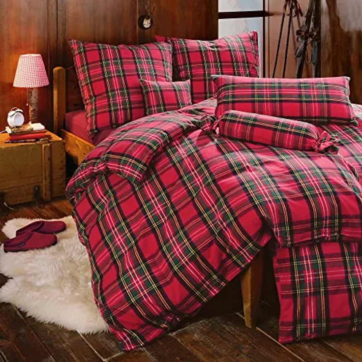 Erwin Müller warme Bettwäsche Flanell buntgewebt rot Größe 135x200 cm (80x80 cm) - hautsympathisch, atmungsaktiv, samtweich, 100% Baumwolle, mit Knopfverschluss (weitere Größen) – Bild 2