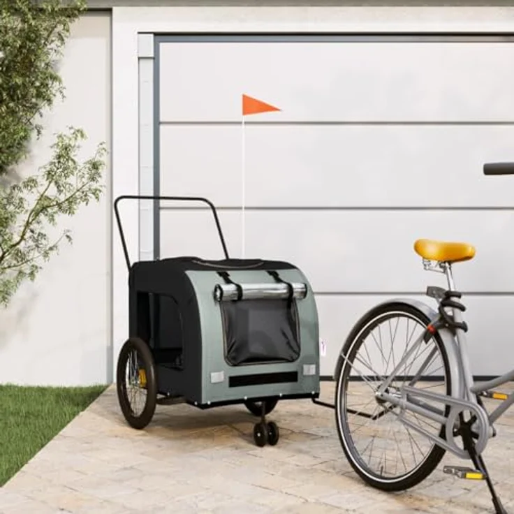 vidaXL Fahrradhundeanhänger Schwarz und Grau aus Oxford-Gewebe und Eisen, mit PVC-Dach und Reflektoren – Bild 2
