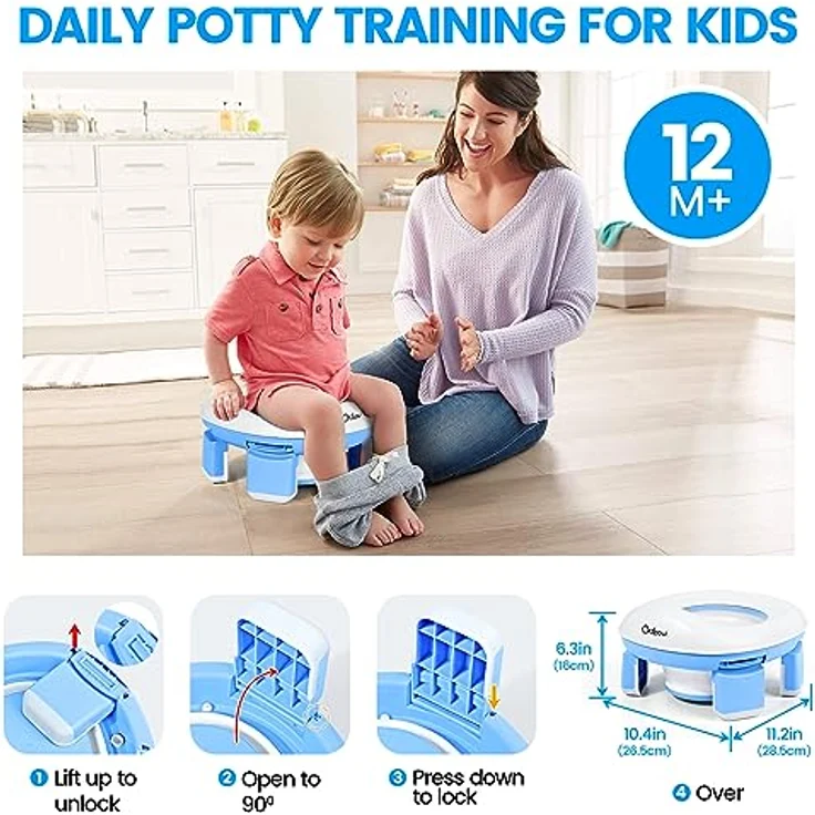 Orzbow Faltbares Reisetöpfchen für Kinder, Tragbarer Toilettensitz mit 40 Töpfchenbeuteln, Anti-Rutsch Design, Blau – Bild 2