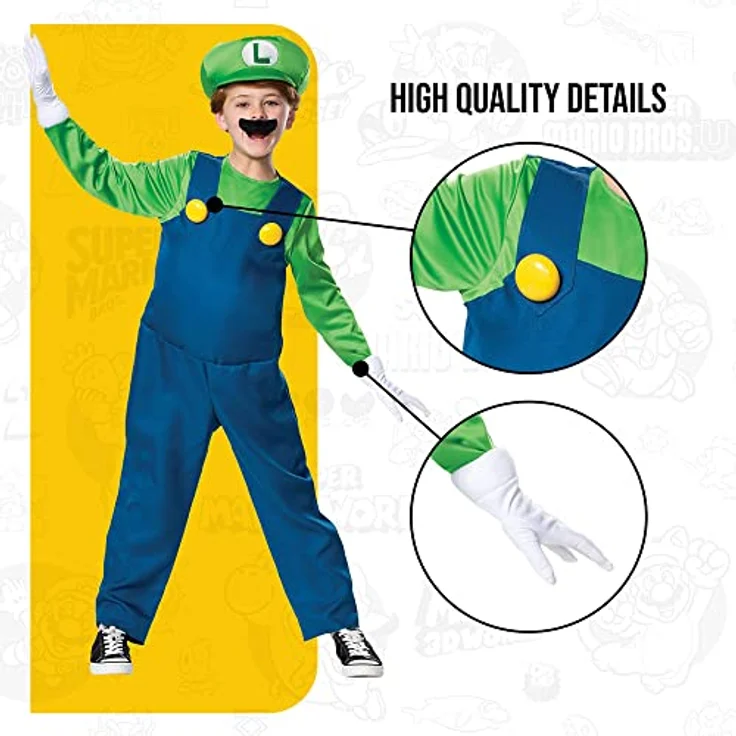Disguise Super Mario Bros DISK10773L Luigi Kostüm, Jungen, S, Deluxe mit gepolstertem Bauch, Hut und Handschuhen – Bild 4
