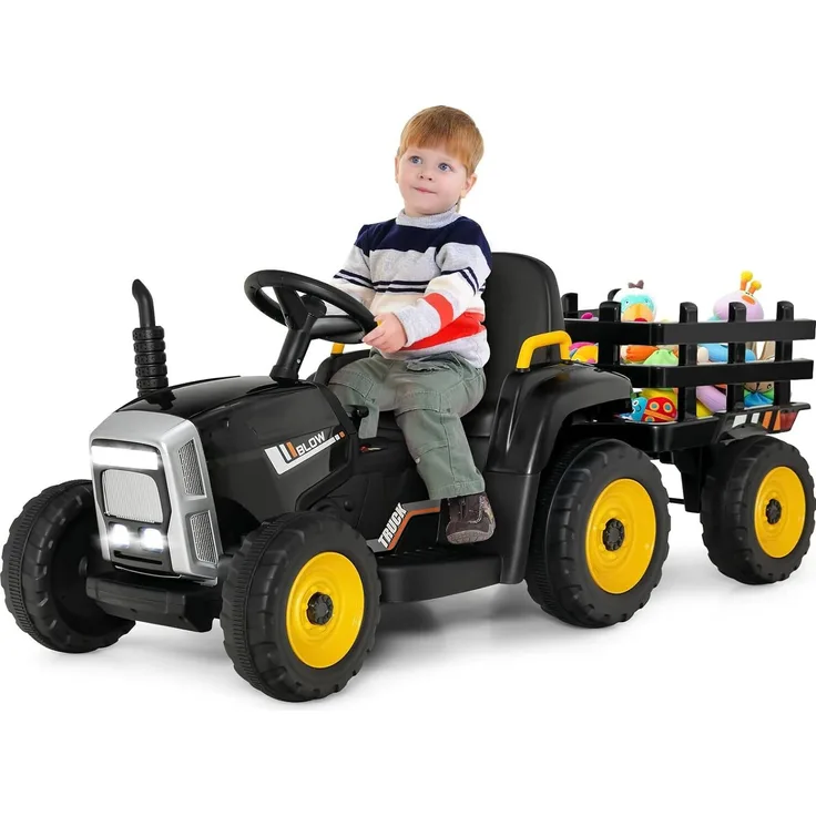 GOPLUS Elektrofahrzeuge mit Anhänger, 3-Gang Elektroauto Traktor mit Fernbedienung, LED-Licht & Musik & Bluetooth, für Kinder ab 3 Jahren, bis 30 kg (Schwarz) - Goplus Elektro Traktor mit Fernbedienung, 2 Vorwärtsgänge, 1 Rückwärtsgang, LED-Autoscheinwerfer, Bluetooth-Musik, für Kinder ab 3 Jahren, bis 30 kg