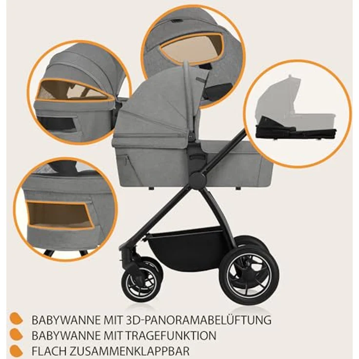 Lionelo Meril Kombikinderwagen 3-in-1, Babywanne bis 9 kg, Kindersitz bis 13 kg, für 0-48 Monate bis 22 kg, Geländeräder 360°, Vollfederung - Grau – Bild 7