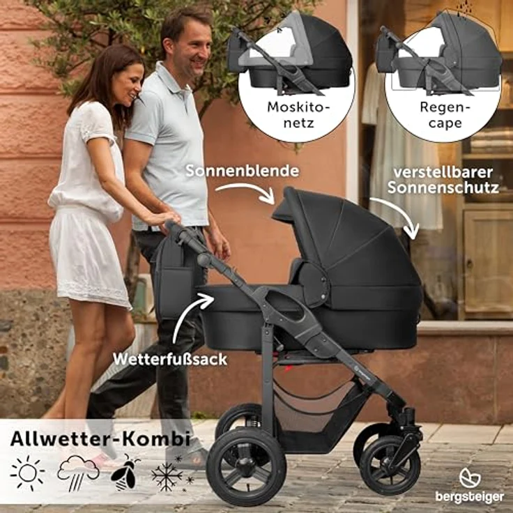 Bergsteiger Capri Kombikinderwagen 4-in-1, Babywanne, Sportsitz, i-Size Babyschale, Isofix-Station, höhenverstellbar, faltbar, Luftreifen, Zubehör – Bild 5