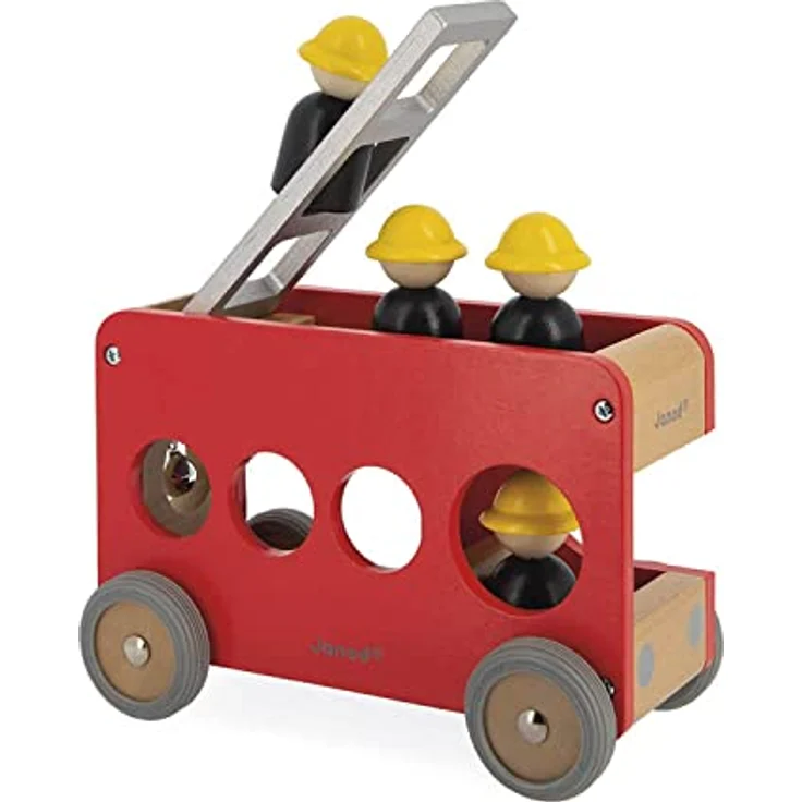 Janod J04632 Solid Wood Feuerwehrauto mit 4 Feuerwehrleuten, abnehmbarer Leiter, FSC-zertifiziert, rot, für Kinder ab 2 Jahren – Bild 4