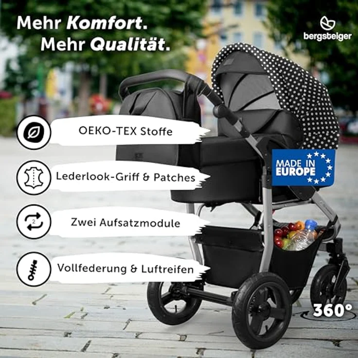 Bergsteiger Capri Kombikinderwagen 2-in-1, Babywanne & Sportsitz, Luftreifen, Federung, höhenverstellbarer Griff, faltbar, inkl. Zubehör – Bild 2