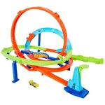 Hot Wheels Looping-Zyklon-Challenge, Action-Trackset mit 2 Spielmöglichkeiten, Bumerang-Loopings und Fahrzeug im Maßstab 1:64, mit Tragegriff, ab 4 Jahren, HXM94