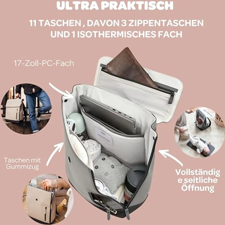 Beaba Oslo Wickelrucksack, 19 Liter mit 11 Taschen, isolierter Tasche und Halterungen für den Kinderwagen, wasserdicht, grau – Bild 3