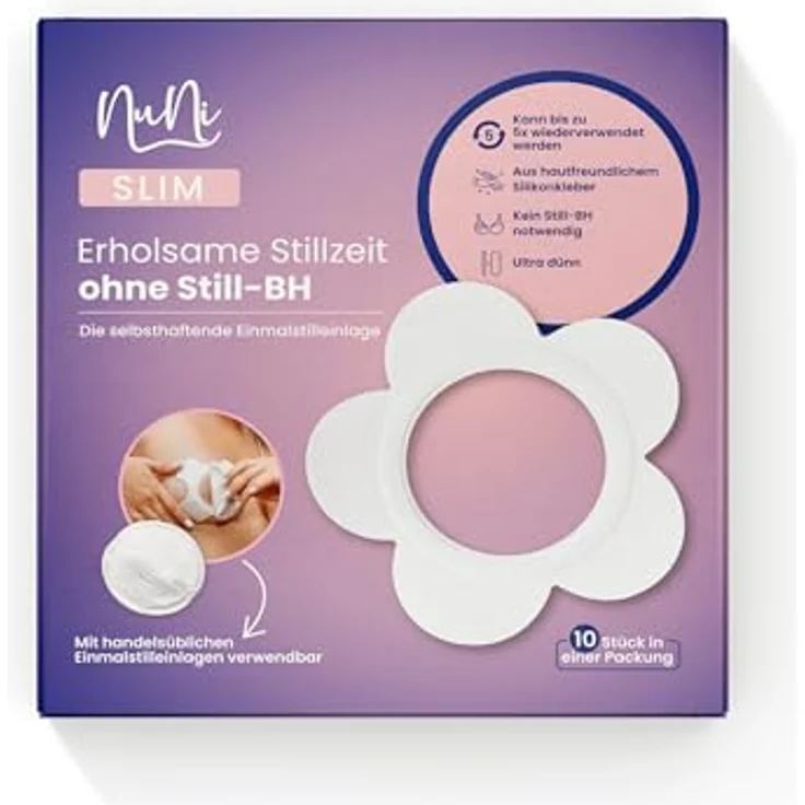 NuNi SLIM Einweg Stilleinlagen, Selbstklebende ultradünne und atmungsaktive Still-Pads, 10 Stück, ideal für Stillen ohne BH und für empfindliche Haut – Bild 1